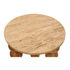 Round Travertine Side Table with Travatine Top Wooden Sphere Legs