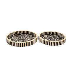 Handmade Bone Inlay Round Tray Set – Floral Black & Ivory Wooden Serving Trays (Set of 2)