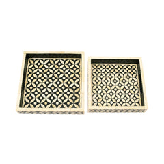 Handmade Bone Inlay Square Tray Set – Black & Ivory Floral Geometric Serving Trays (Set of 2)