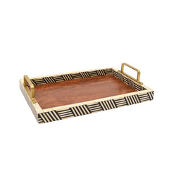Handmade Wooden & Bone Inlay Tray Set with Brass Handles – Modern Geometric Serving Trays (Set of 2)