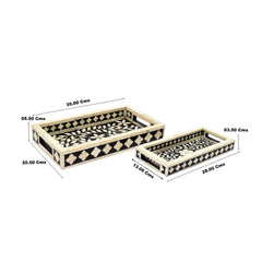 Handmade Bone Inlay Rectangular Tray Set – Floral & Geometric Black Ivory Serving Trays (Set of 2)