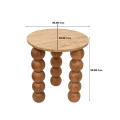 Round Travertine Side Table with Travatine Top Wooden Sphere Legs