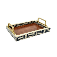 Handmade Wooden & Bone Inlay Tray Set with Brass Handles – Modern Geometric Serving Trays (Set of 2)