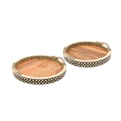 Handmade Wooden & Bone Inlay Round Tray Set with Brass Handles – Floral Geometric Serving Trays (Set of 2)