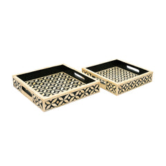 Handmade Bone Inlay Square Tray Set – Black & Ivory Floral Geometric Serving Trays (Set of 2)