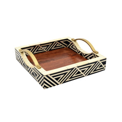 Handmade Wooden & Bone Inlay Square Tray Set with Brass Handles – Geometric Black & Ivory Serving Trays (Set of 2)