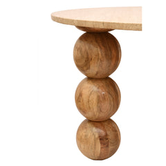 Round Travertine Top Coffee Table with Sculptural Wooden Sphere Legs – Modern Handmade Statement Table