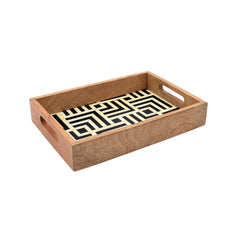 Handmade Bone Inlay Rectangular Tray Set – Geometric Black & Ivory Wooden Serving Trays (Set of 2)