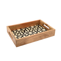 Handmade Bone Inlay Rectangular Tray Set – Moroccan Geometric Pattern Wooden Serving Trays (Set of 2)
