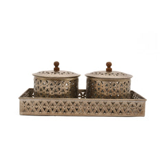 Handcrafted Iron Storage Boxes with Tray – Nickel Finish | Hand-Punched Design