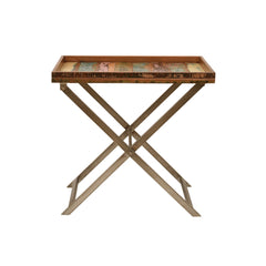 Reclaimed Wood Rectangular Tray Table with Folding Iron Stand