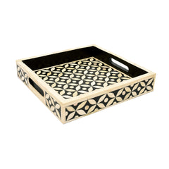 Handmade Bone Inlay Square Tray Set – Black & Ivory Floral Geometric Serving Trays (Set of 2)