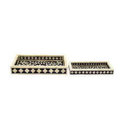Handmade Bone Inlay Rectangular Tray Set – Floral & Geometric Black Ivory Serving Trays (Set of 2)