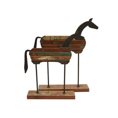 Reclaimed Wood & Iron Horse Sculptures, Set of 2