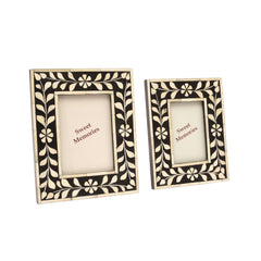 Handmade Bone Inlay Photo Frame Set – Floral Vine Black & Ivory Picture Frames (Set of 2)