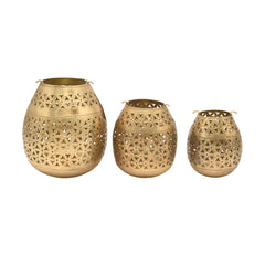 Handcrafted Iron Lanterns – Set of 3 | Antique Brass Finish | Hand-Cut, Hand-Punched & Engraved