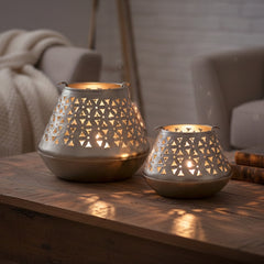 Handcrafted Iron Lanterns – Set of 2 | Antique Nickel Finish | Hand-Cut, Hand-Punched & Engraved