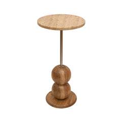 Round Travertine Top End Table with Wooden Base & Brass Finish Rod – Modern Handmade Accent Table