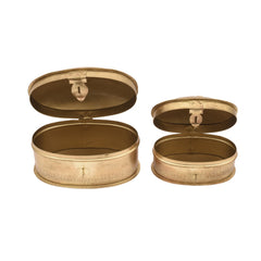 Handcrafted Iron Oval Storage Boxes – Set of 2 | Antique Brass Finish | Hand-Punched