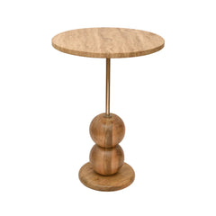 Round Travertine Top End Table with Wooden Base & Brass Finish Rod