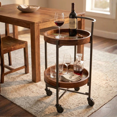 Reclaimed Wood & Iron 2-Tier Round Bar Trolley on Wheels