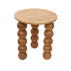 Round Travertine Side Table with Travatine Top Wooden Sphere Legs