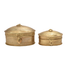 Handcrafted Iron Oval Storage Boxes – Set of 2 | Antique Brass Finish | Hand-Punched