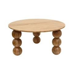Round Travertine Top Coffee Table with Sculptural Wooden Sphere Legs – Modern Handmade Statement Table