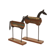 Reclaimed Wood & Iron Horse Sculptures, Set of 2