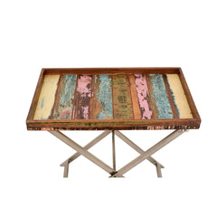 Reclaimed Wood Rectangular Tray Table with Folding Iron Stand