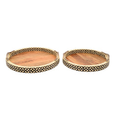 Handmade Wooden & Bone Inlay Round Tray Set with Brass Handles – Floral Geometric Serving Trays (Set of 2)