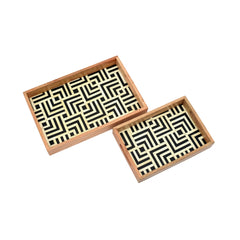 Handmade Bone Inlay Rectangular Tray Set – Geometric Black & Ivory Wooden Serving Trays (Set of 2)