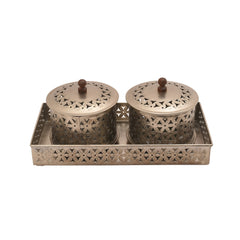 Handcrafted Iron Storage Boxes with Tray – Nickel Finish | Hand-Punched Design