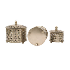 Handcrafted Iron Decorative Boxes – Set of 3 | Antique Nickel Finish | Hand-Cut, Hand-Punched & Engraved