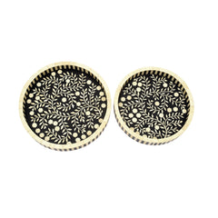 Handmade Bone Inlay Round Tray Set – Floral Black & Ivory Wooden Serving Trays (Set of 2)