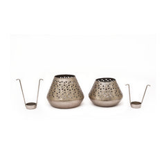 Handcrafted Iron Lanterns – Set of 2 | Antique Nickel Finish | Hand-Cut, Hand-Punched & Engraved