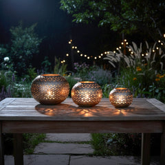 Handcrafted Iron Lanterns – Set of 3 | Antique Nickel Finish | Hand-Cut, Hand-Punched & Engraved