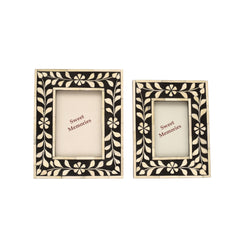 Handmade Bone Inlay Photo Frame Set – Floral Vine Black & Ivory Picture Frames (Set of 2)