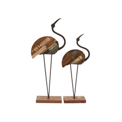 Reclaimed Wood & Iron Crane Sculptures, Set of 2