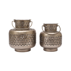 Handcrafted Iron Lanterns – Set of 2 | Antique Nickel Finish | Hand-Cut, Hand-Punched & Engraved