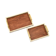 Handmade Wooden & Bone Inlay Tray Set with Brass Handles – Modern Geometric Serving Trays (Set of 2)