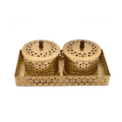 Handcrafted Iron Storage Boxes with Tray – Antique Brass Finish | Hand-Punched Design
