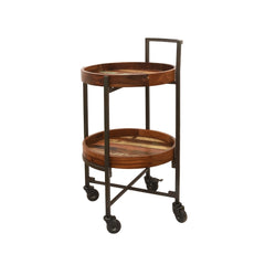Reclaimed Wood & Iron 2-Tier Round Bar Trolley on Wheels