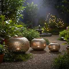 Handcrafted Iron Lanterns – Set of 3 | Antique Nickel Finish | Hand-Cut, Hand-Punched & Engraved