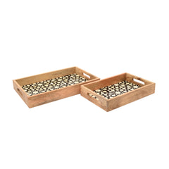 Handmade Bone Inlay Rectangular Tray Set – Moroccan Geometric Pattern Wooden Serving Trays (Set of 2)