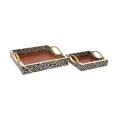 Handmade Wooden & Bone Inlay Square Tray Set with Brass Handles – Geometric Black & Ivory Serving Trays (Set of 2)