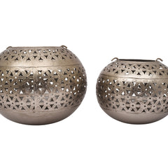 Handcrafted Iron Lanterns – Set of 3 | Antique Nickel Finish | Hand-Cut, Hand-Punched & Engraved