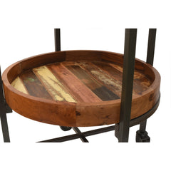 Reclaimed Wood & Iron 2-Tier Round Bar Trolley on Wheels